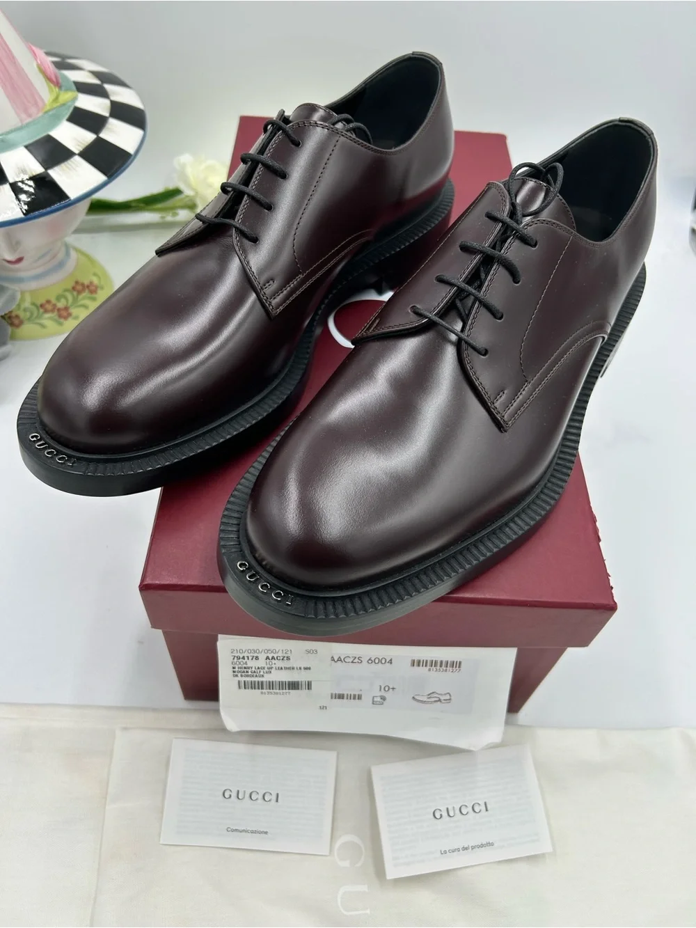 Men's Gucci logo lettering, Cordovan, Derby shoes size 10.5 fits 11 US NWT